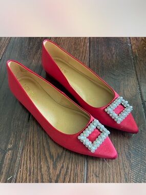J. Crew Red Satin Pointed Flats with Crystal Buckle Embellishment